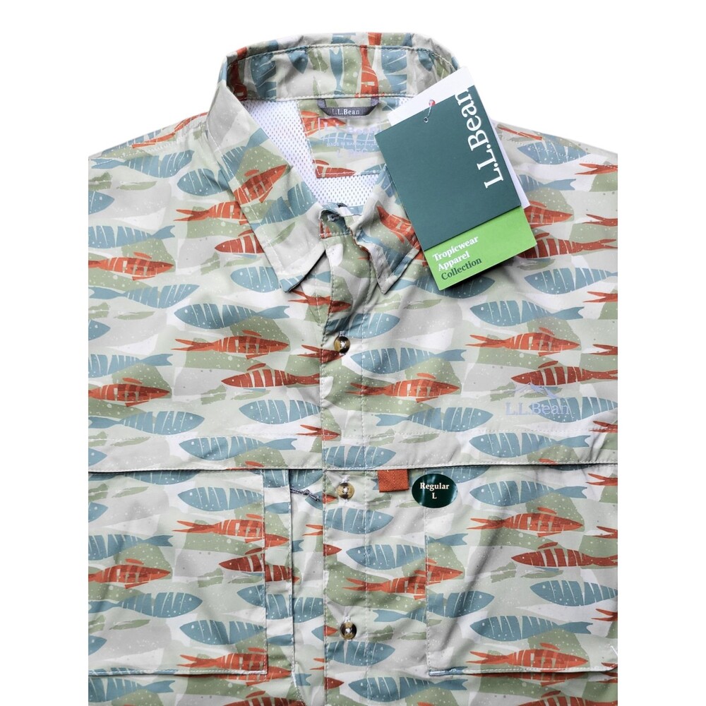 NWT L.L. Bean Tropicwear Men's UPF 50+ Vented Button Up Shirt Hike Fish Size L